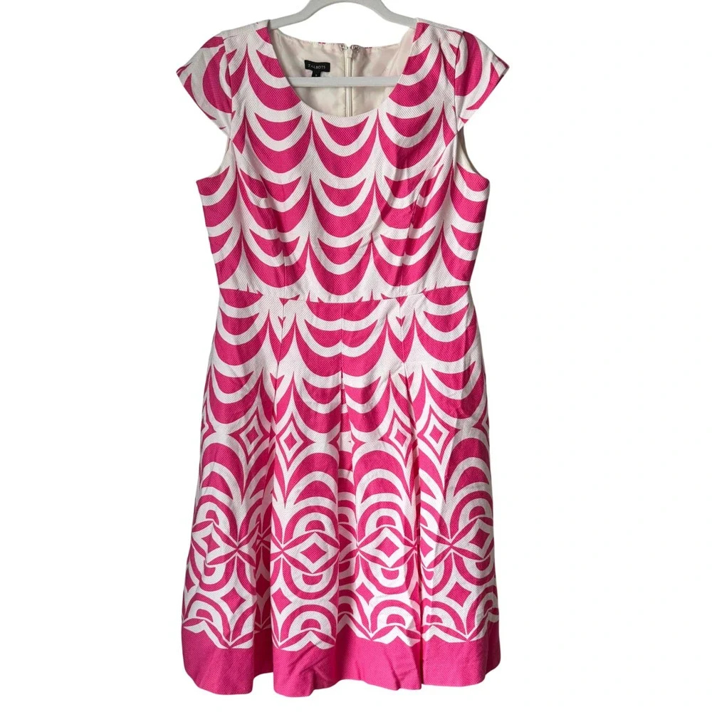 Talbots Dress Pink White Floral Geo Print Cap Sleeve Pleated Skirt Cotton Size 8
